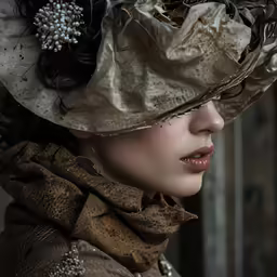 the woman wears a big hat with flower decoration