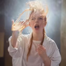 a woman with blonde hair pulling on her hands