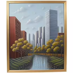 an oil painting of cityscape by a river in a golden frame,a painting is hanging on the wall