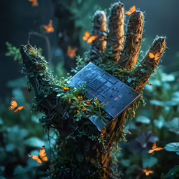 a mouse pad set up in a plant covered in butterflies
