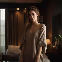 a woman standing in a hotel room