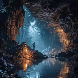 an underwater cave that is dimly lit and has water inside