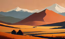 an image of mountain scenery at sunrise,an artistic view of mountains with two barns