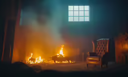 a fire in a room full of furniture and flames