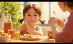 a woman sits at a table with her child and eats breakfast