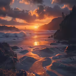 sunset, with a few waves coming towards the rocks