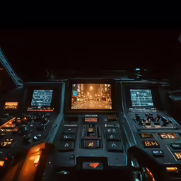 a control room with two devices in the center