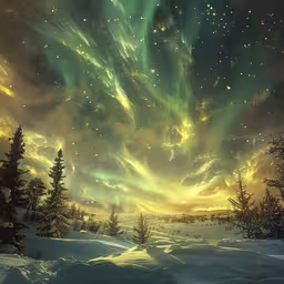 the night sky and some trees with glowing lights,night sky with firework and bright yellow clouds