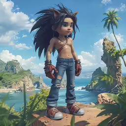 a digital painting of a girl with black hair standing on the edge of a cliff looking out over water