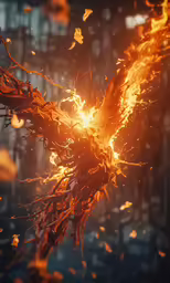 a fiery bird flies through the air above a tree