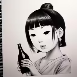 an asian girl holding a beer bottle in her hand