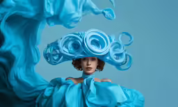 a young lady wearing blue clothing holding an umbrella
