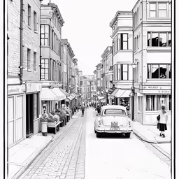 a cartoon of a busy street with people on it