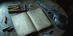 the gun is next to the book, which was shot from the inside out