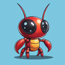 a red cartoon character with black eyes and a large, hairy antennae