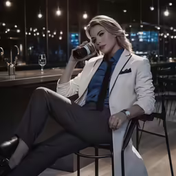 a woman sitting in a chair drinking out of a coffee cup