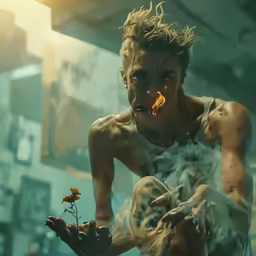an image of a man holding a flower in his hand