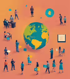 people are standing around a computer world in a flat style,a picture of a group of people surrounding a globe