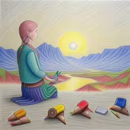 /tmp/FOO51X47t.jpg = a drawing that is drawn in pastel
,/tmp/FOO51X47t.jpg = there is a woman sitting on the ground near two pencils
,/tmp/FOO51X47t.jpg = a woman sitting in front of some colorful pencils
,/tmp/FOO51X47t.jpg = a painting of a girl sitting on the ground
,/tmp/FOO51X47t.jpg = a drawing of a woman sitting on the ground surrounded by pencils
,/tmp/FOO51X47t.jpg = a woman sitting on the ground surrounded by crayons
,/tmp/FOO51X47t.jpg = pencils are arranged on the ground near an artist
