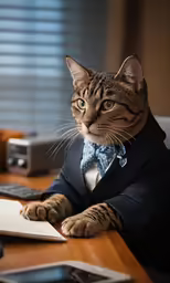 a cat in a tuxedo and holding a piece of paper