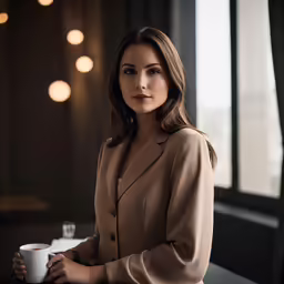 a beautiful woman standing in front of a window holding a cup