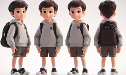 a boy with a schoolbag poses with different outfits