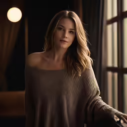 a beautiful young woman in a brown sweater