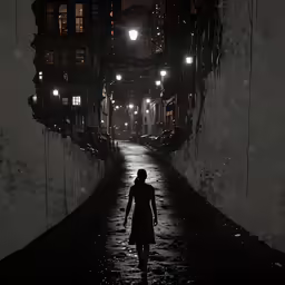 the woman is walking alone down the rainy path