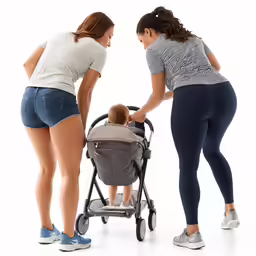 a woman pushes her baby in a stroller while another stands near her and looks at him