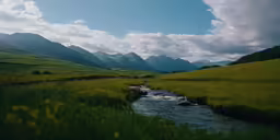 there is a stream running between the green fields