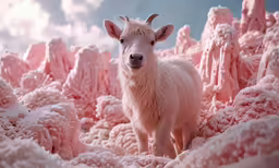 a goat stands on top of pink mounds of frozen snow