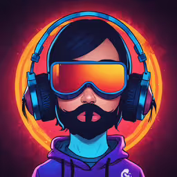 a man with headphones and glowing glasses wearing bright colored sunglasses,an illustration with a man wearing headphones and a hoodie