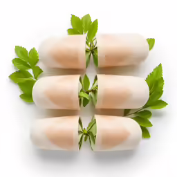 a picture of some green leaves and three rolled sandwiches