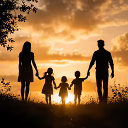 a family is holding hands in the evening