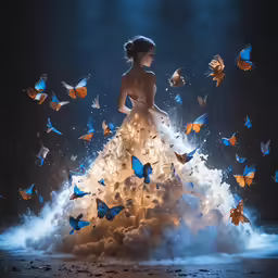 a woman in a white dress surrounded by butterflies
