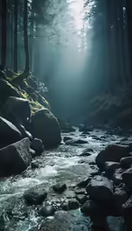 a stream in a forest with light coming from the trees