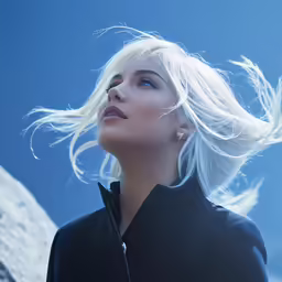 a beautiful blond woman with white hair blowing in the wind