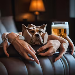 a dog wearing an outfit is laying on a leather sofa