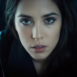 a woman with very large blue eyes stares into the camera