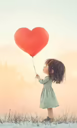a girl holds a red heart shaped balloon in the air