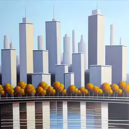 a painting of a city scene and bridge