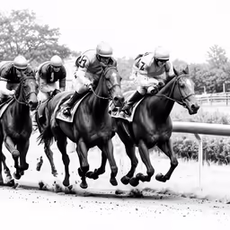 a bunch of men on horses racing down a track