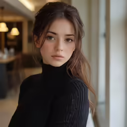 a woman with brown hair and black top standing next to a wall