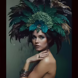 a woman with a big head piece made of leaves