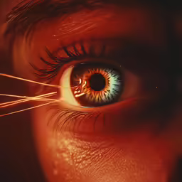 the eye of a person with blue and orange iris