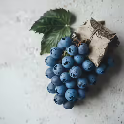 a bunch of grapes on the ground with leaves and paper bag
