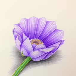 a drawing of a single purple flower on a white background