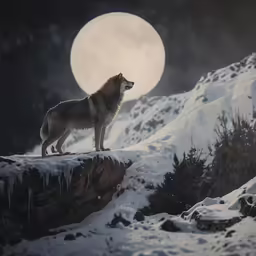 a wolf is looking out at the snow and moon