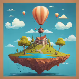 a photo of a house on an island that looks like a floating island,an art work of a house, balloons and a hot air balloon flying over it