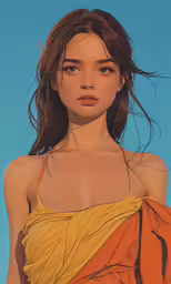 a close - up of a woman with brown hair, wearing an orange top and posing for a photo